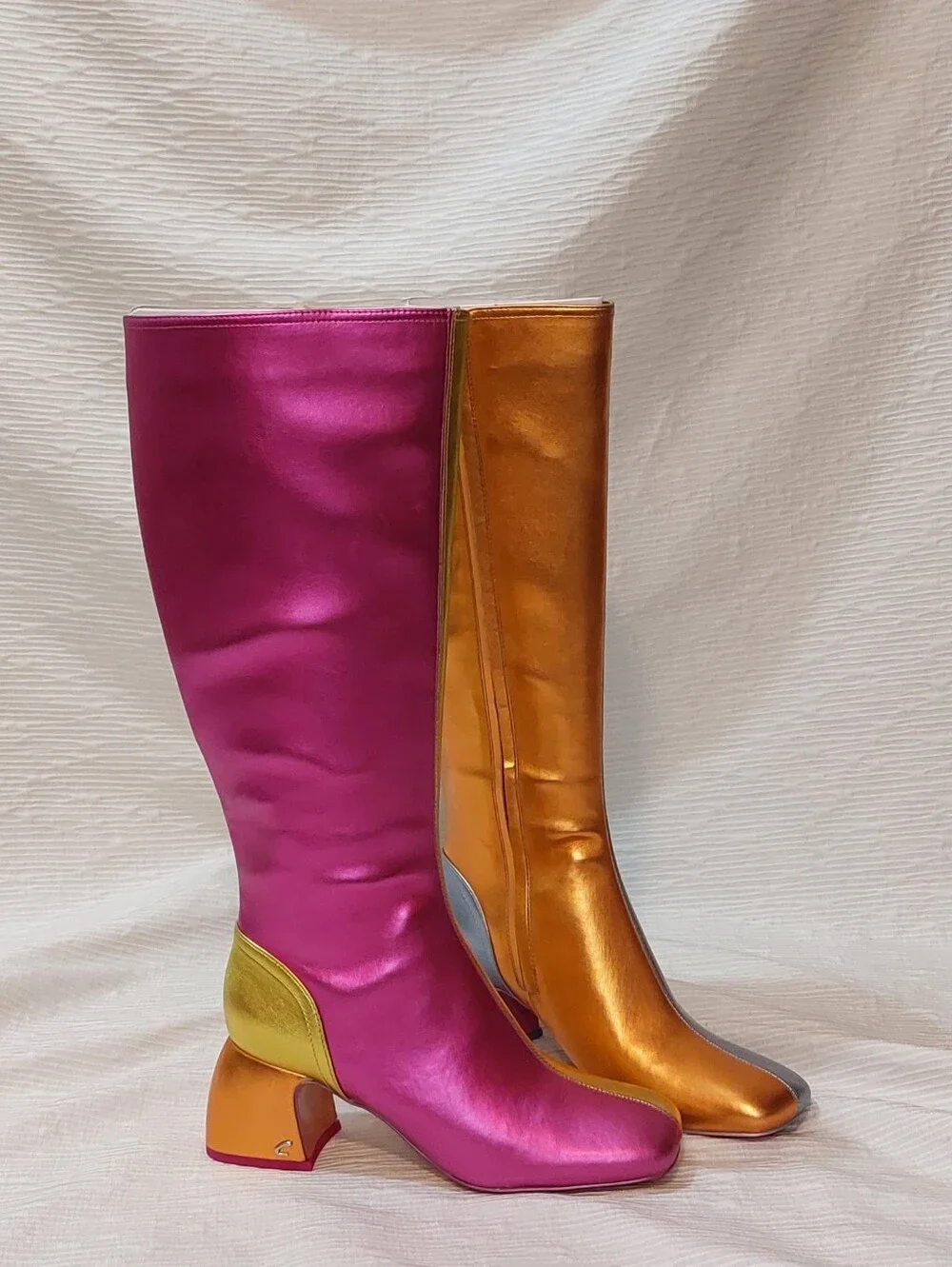 Metallic Two-Tone Knee Boots in Gold, Silver and Pink